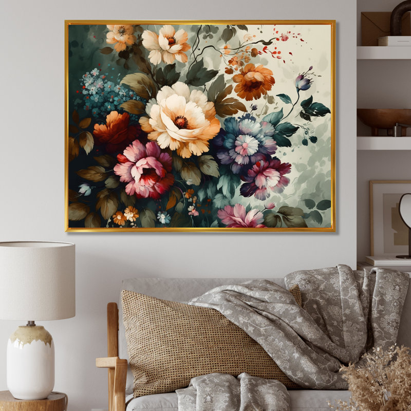 Blooming Vintage Flowers III - Art sur toile florale, H 12 po x l 20 po x P 1 po, Cadre flottant doré