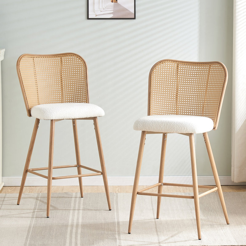 Rattan Counter Height Bar Stools, 26'' Modern Boucle Counter Stools With Butterfly Cane Back, Wicker Counter Stools For Kitchen,Home Bar,Restaurant,Set Of 2, White