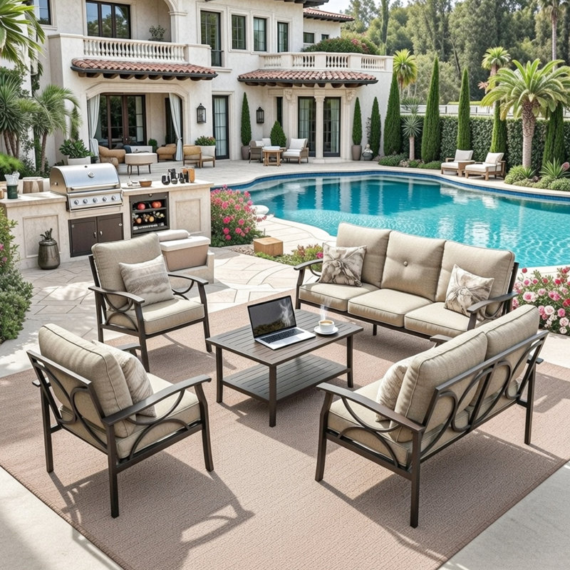 Table basse de patio en métal de 5 pouces avec 7 places assises, résistante aux intempéries, coussins beiges de 10 cm d'épaisseur, structure kaki, idéale pour les fêtes sur la terrasse ou au bord de la piscine. Convient également aux réceptions.