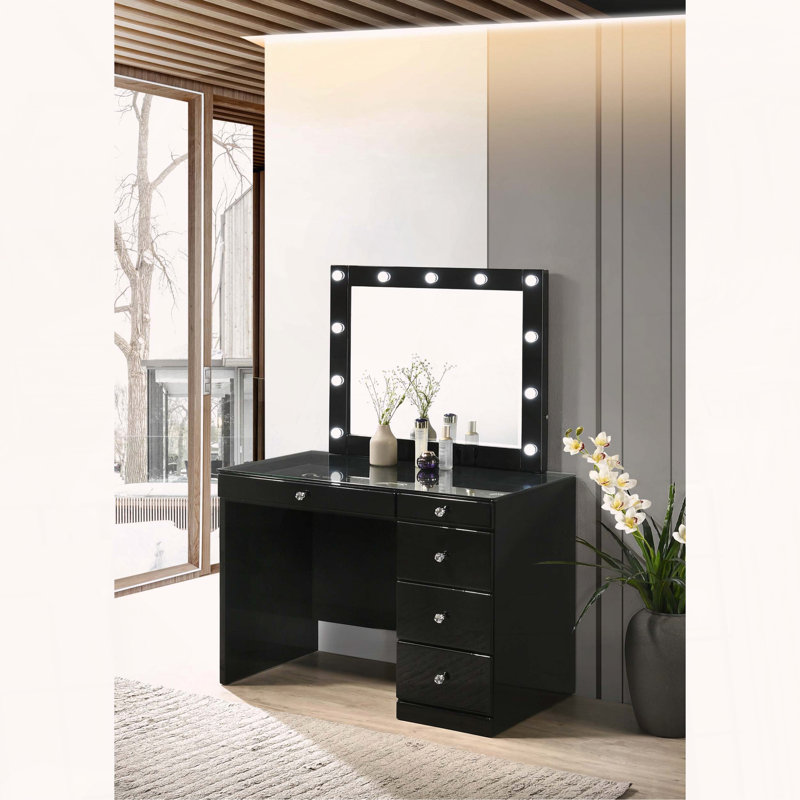 Coiffeuse Glam avec plateau en verre et 5 tiroirs, Noir