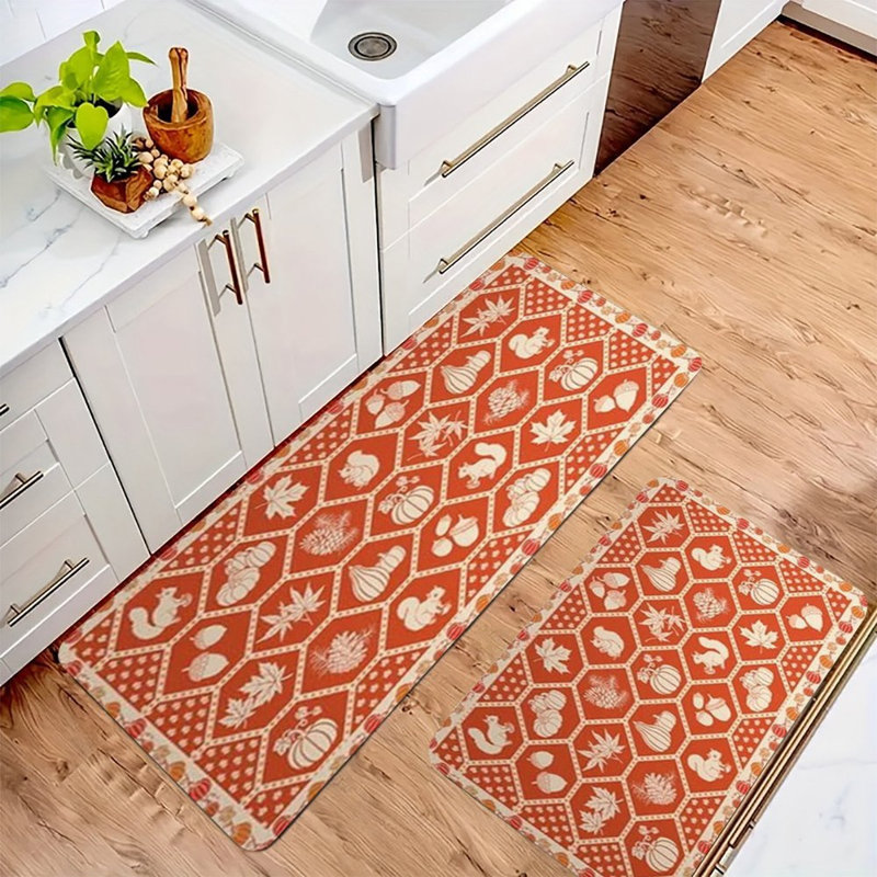 Tapis d'automne à motif écureuil citrouille d'automne, tapis de flanelle antidérapant 2 pièces pour la cuisine et la chambre à coucher