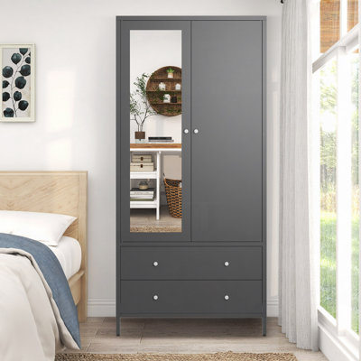 Armoire garde-robe en métal avec 2 tiroirs, porte miroir et tringle, armoire de rangement pour vêtements en métal, organisateur de vêtements avec porte magnétique - gris foncé