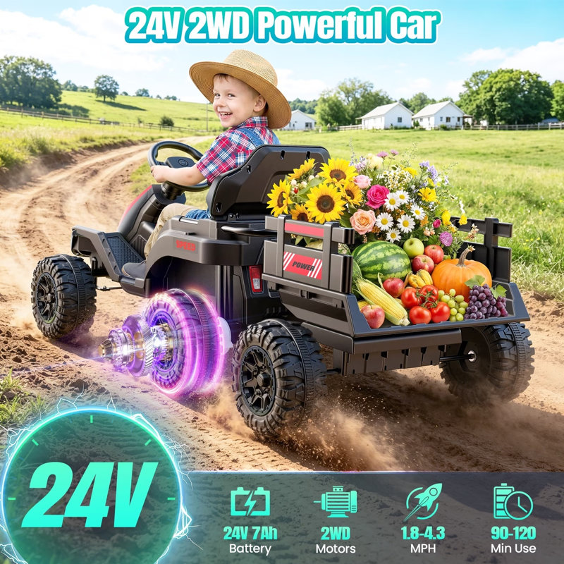 Tracteur électrique 24 V avec remorque détachable, télécommande, lumières DEL et musique, Rouge