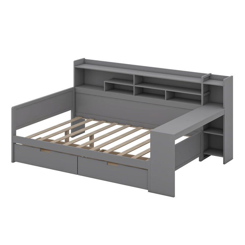 Lit de jour en bois avec tablettes de rangement, lit multifonctionnel avec deux tiroirs de rangement et bureau d'étude