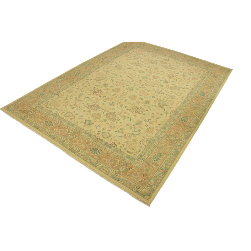 Tapis jaune / brun en laine noué à la main 9 pi 11 po x 13 pi 9 po Dorr Oriental