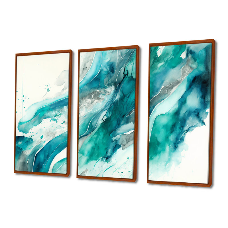 Turquoise Waves in Paradise I - 3 pièces sur toile, 40" H x 60" W, Cadre flottant brun