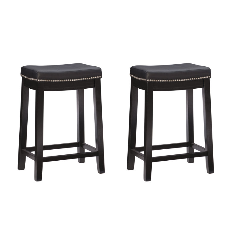 Arlyce 26.5" Solid Wood Backless Counter Stool with Vegan Leather Upholstered Seat, Black, Counter Stool (26.5" Seat Height)