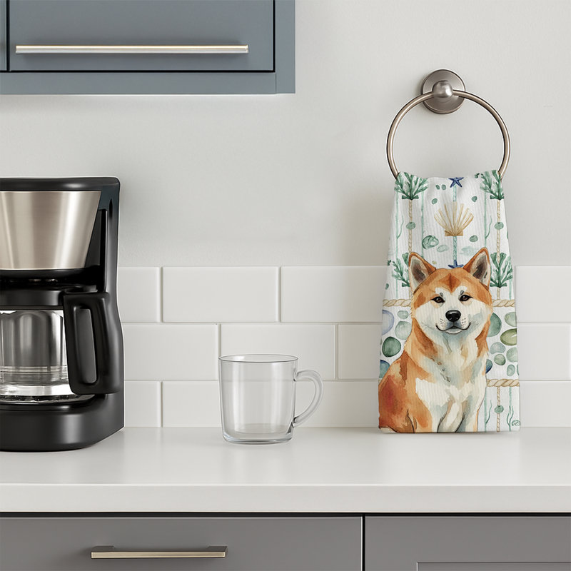 Red Akita Coastal Sea Glass Kitchen Towel, Red Akita
