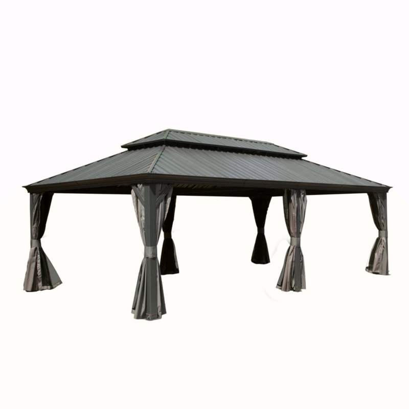 14X24ft Hardtop Gazebo, Outdoor Gazebo With Galvanized Steel Double Roof, Aluminum Frame, Built-In Gutter System, Curtain And Netting, Metal Gazebo Pavilion For Patio Deck Garden