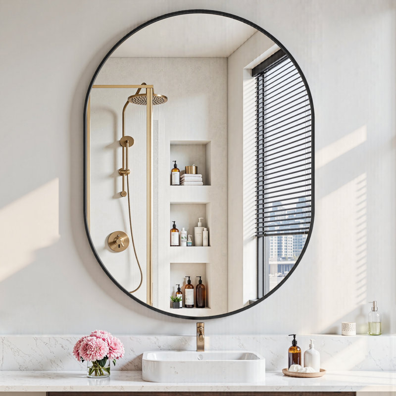  Lunara Tempered Glass Oval Mirror, Rust-proof Alluminium Alloy Framed Wall-Mounted Mirrors for Bathroom, 40" x 30"
