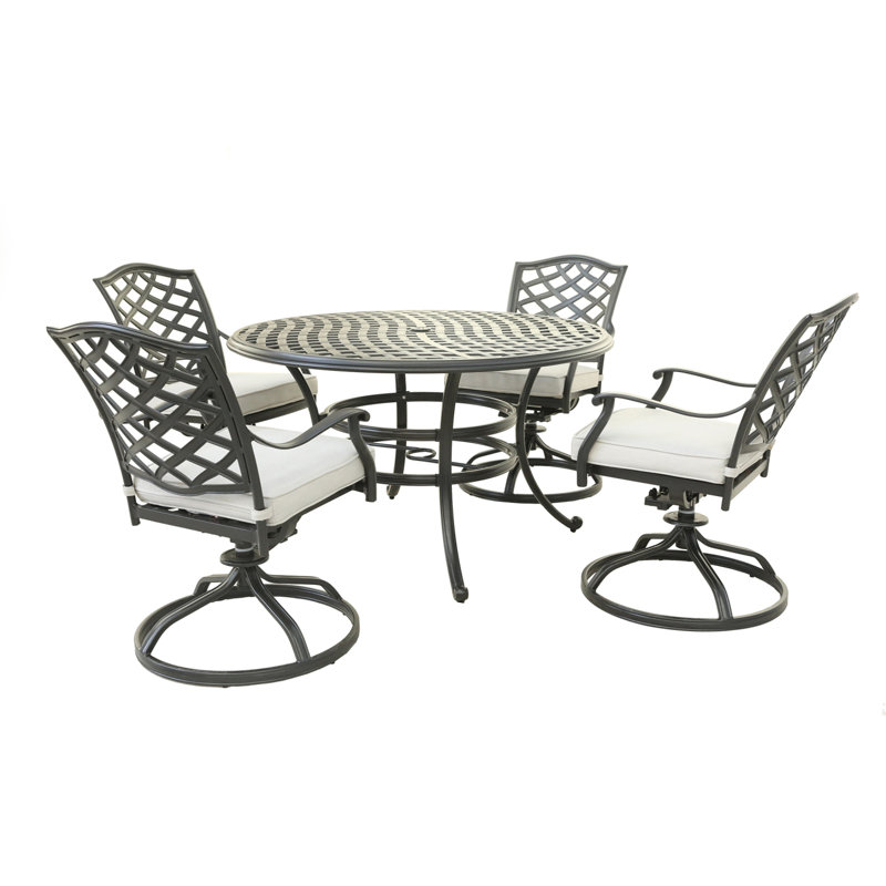 Ensemble de salle à manger 5 pièces en aluminium avec 4 chaises berçantes pivotantes en aluminium argenté, Blanc