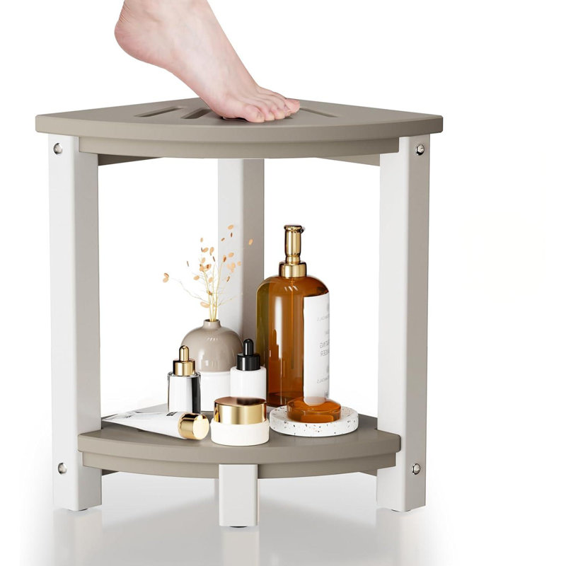 Wood and White Corner Shower Stool with Storage Shelf