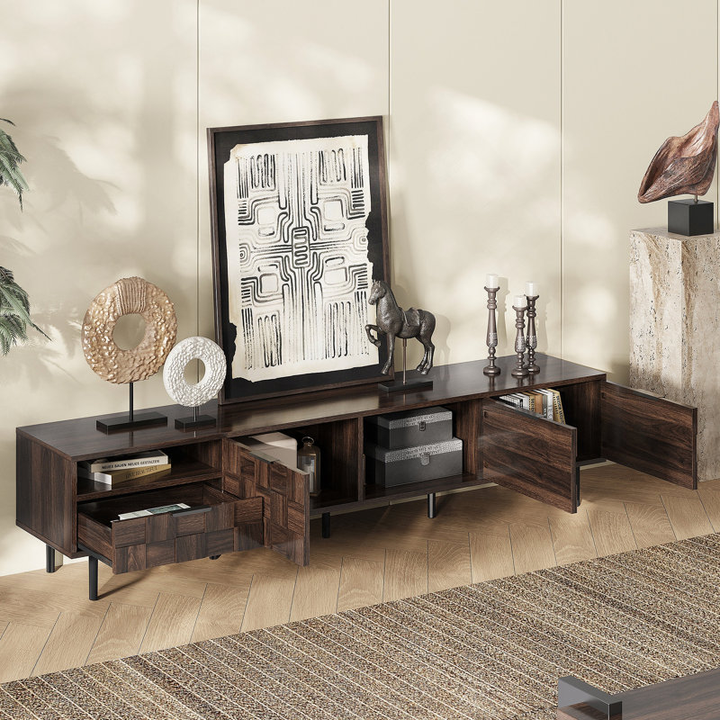 Meuble télé 78 po pour téléviseur de 65 pouces et plus de style Mid-Century moderne, console de télévision avec armoires de rangement pour le salon, espace de rangement