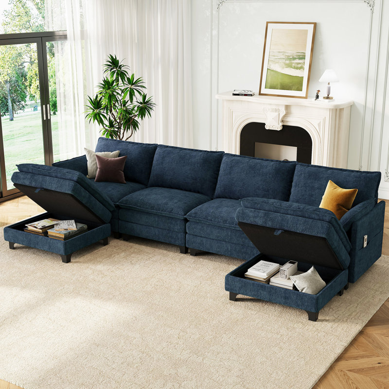 Canapé modulaire en forme de U de 140 po avec deux repose-pieds, Chenille bleu