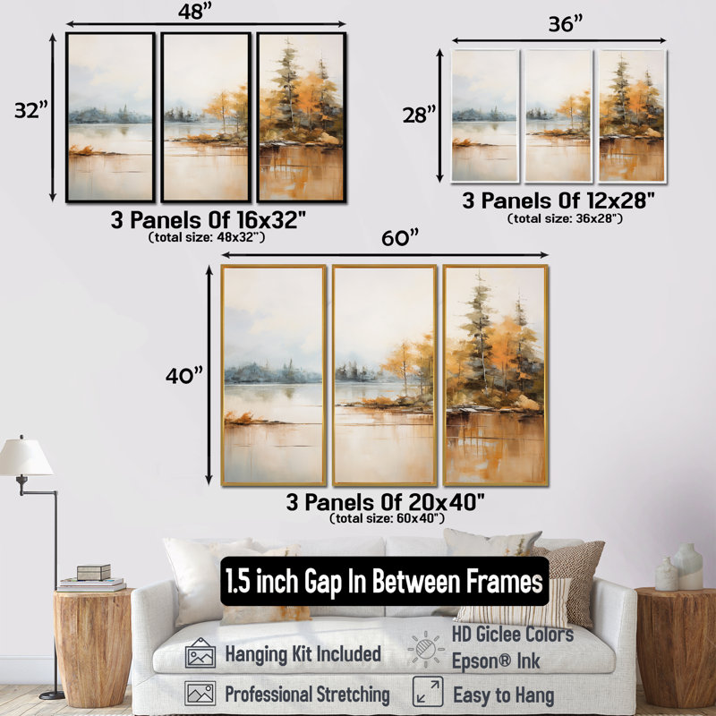 Minimalisme, lac, tranquillité, rivière, ensemble d'art mural, H 28 po x l 36 po x P 1 po, Cadre flottant brun
