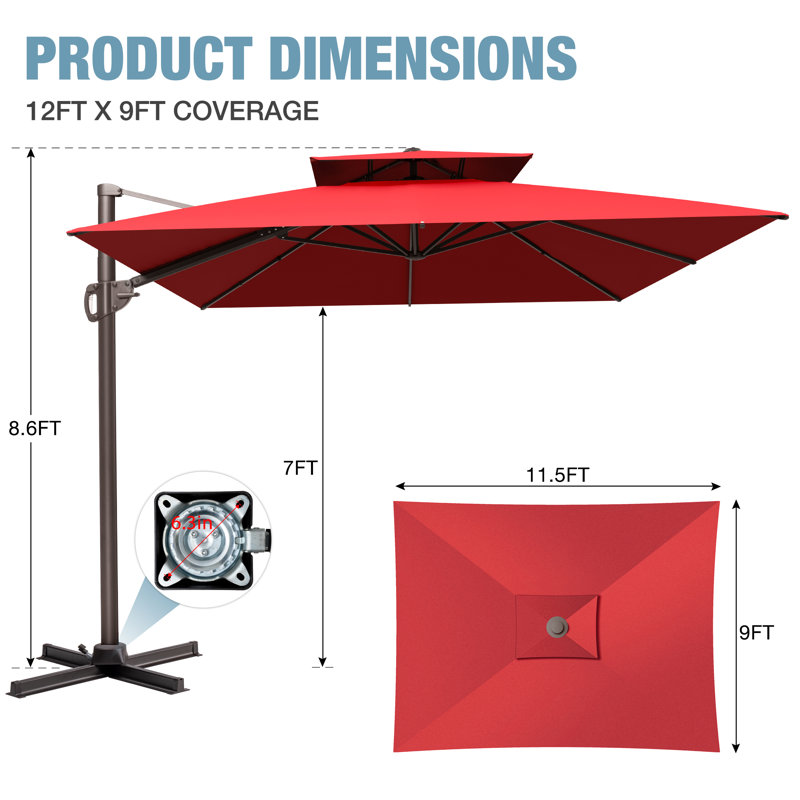 Parasol en porte-à-faux décalé pour terrasse de 141 po x 104 po, base lestée non incluse, Rouge