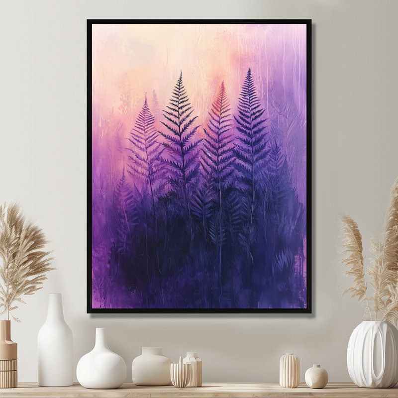 Corian Dreaming Ferns In Purple Mist, H 20 po x l 12 po, Reproduction avec cadre flottant, Noir