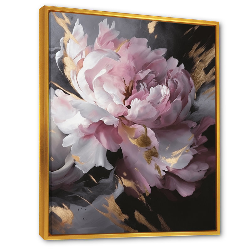 Harmonieux rose gris pivoine II - pivoines, art mural, H 32 po x l 24 po, Cadre flottant doré