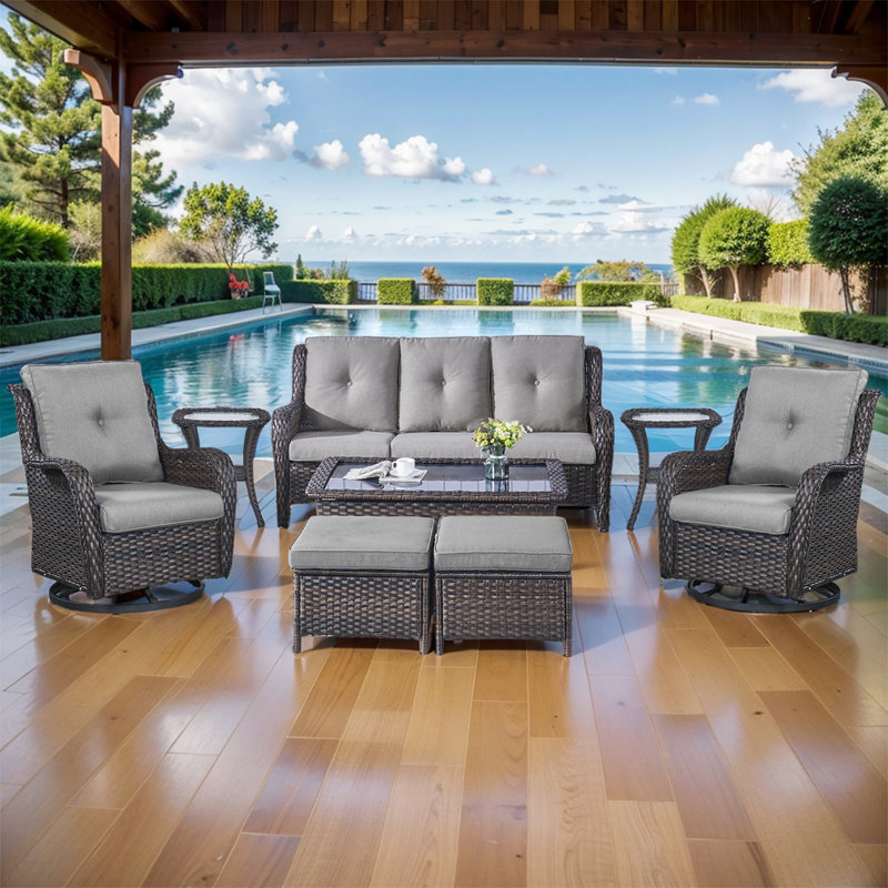 Bonia 8 Piece Wicker Rattan Sofa Seating Group with Cushions, Brown, Gray