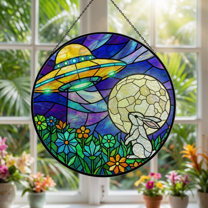 7.8"H Ufo Rabbit Stained Glass Window Panel, 7.8" H x 7.8" W