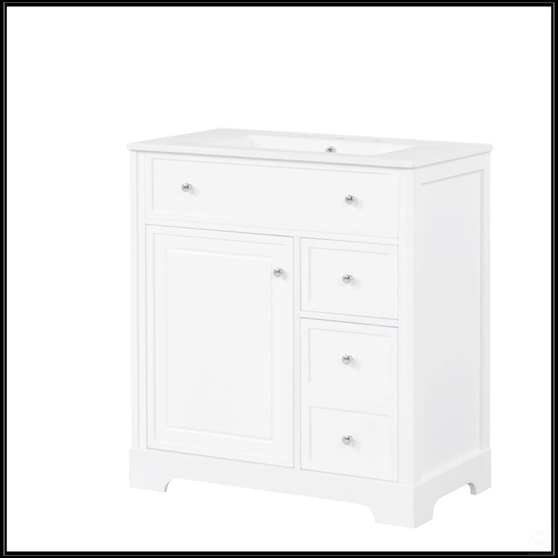 Meuble-lavabo de 30 pouces avec lavabo, fabrication en bois massif et panneau de fibres à densité moyenne, rangement spacieux, finition blanche, idéal pour les salles de bain modernes