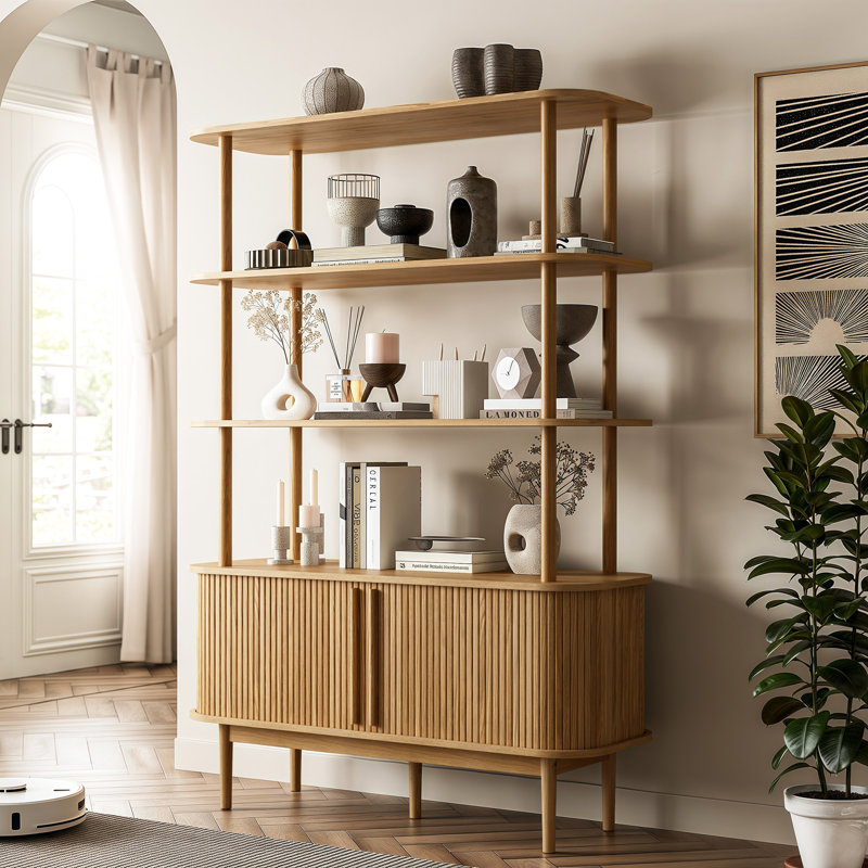 Bookcase With Curved Storage Cabinet, 4-tier Bookshelf With Sliding Door