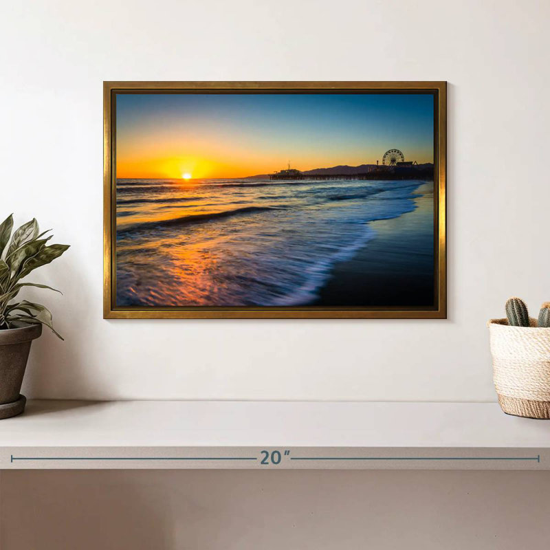 Santa Monica Pier au coucher du soleil, Cadre flottant doré, 13 po x 9 po