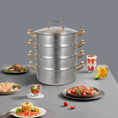 4-Tier Stainless Steel Steamer Pot with Glass Lid Large Capacity Multi-Layer Steamer Set for Gas and Induction Cooktops