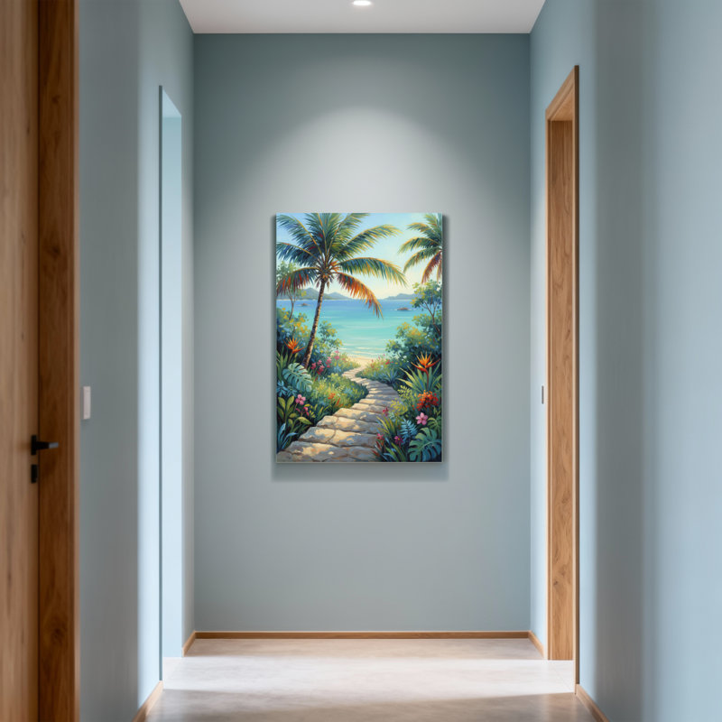 Plantes et fleurs, chemin tropical à la plage avec palmiers, H 32 po x l 48 po