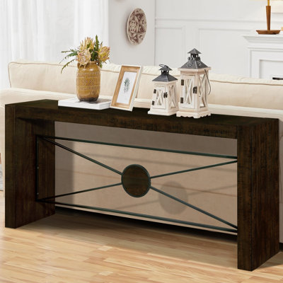 Console rétro en bois de style campagnard, structure en métal angulaire, espresso antique, idéale pour l'entrée ou le salon