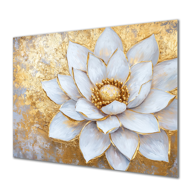 Golden Lotus White Dream II - décoration murale florale en métal, impression sur métal Lotus, H 30 po x l 40 po x P 0,84 po