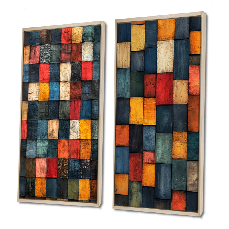 Ensemble de 2 pièces d'art mural Red Country Patchwork I - Boho Tiles, Cadre flottant en érable, H 28 po x l 24 po