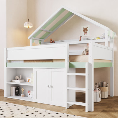 Lit mezzanine double avec toit à baldaquin et armoire de rangement, blanc et vert