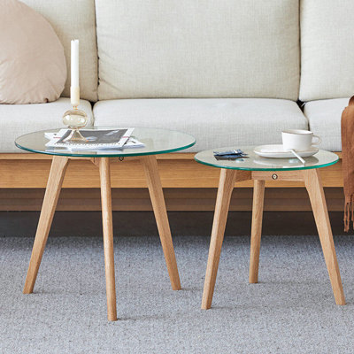 Mid-Century Modern Round Tempered Glass Top End Table, 19.69" Wide, With Solid Walnut Finish North American Oak Legs - Clear Side Table For Living Room, Bedroom, Small Spaces