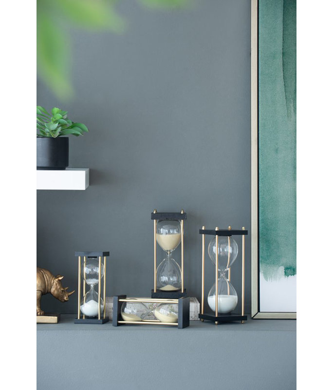 Hour Glass In Stand  Set of 2  4" x 4" x 9"  Black/Gold/White