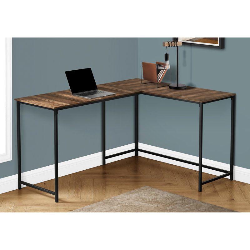 Bureau d'angle en L pour bureau à domicile, 151 cm (59,39 pouces), stratifié brun, métal noir, bureau d'angle en L au style contemporain, gain de place