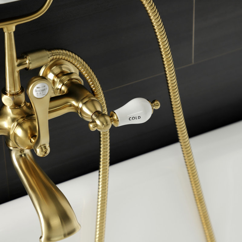 Kingston Brass Aqua Vintage Three-Handle 2-Hole Tub Wall Mount Clawfoot Tub Faucet with Hand Shower, Brushed Brass
