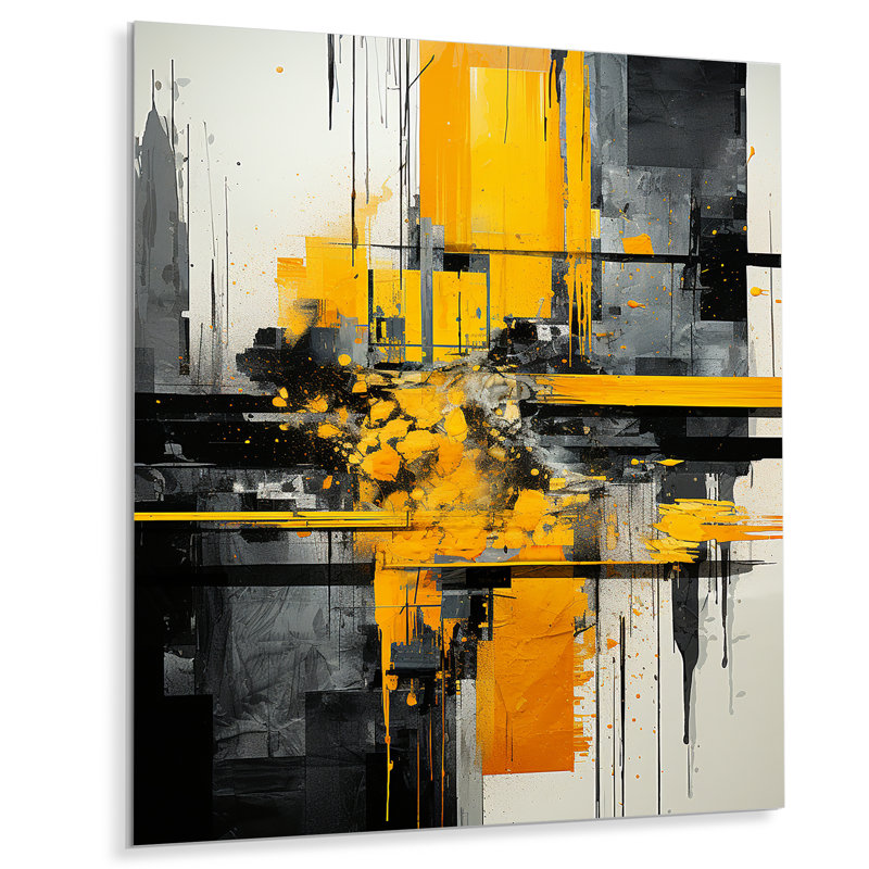 Jaune et noir, géométrie rayonnante, collage I - abstrait, collage, art mural en métal, H 20 po x l 12 po x P 1 po