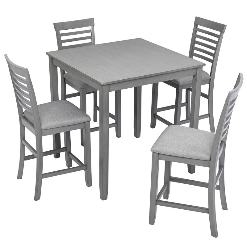 Ensemble de salle à manger 5 pièces à hauteur de comptoir, table carrée grise 34,5 po et 4 chaises rembourrées avec dossier à lattes horizontales