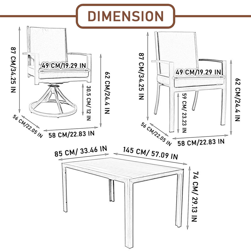 Deyontae 6 - Person Patio Dining Set with Rectangular Table , Cushions Included, 74cm H x 85cm W x 145cm L