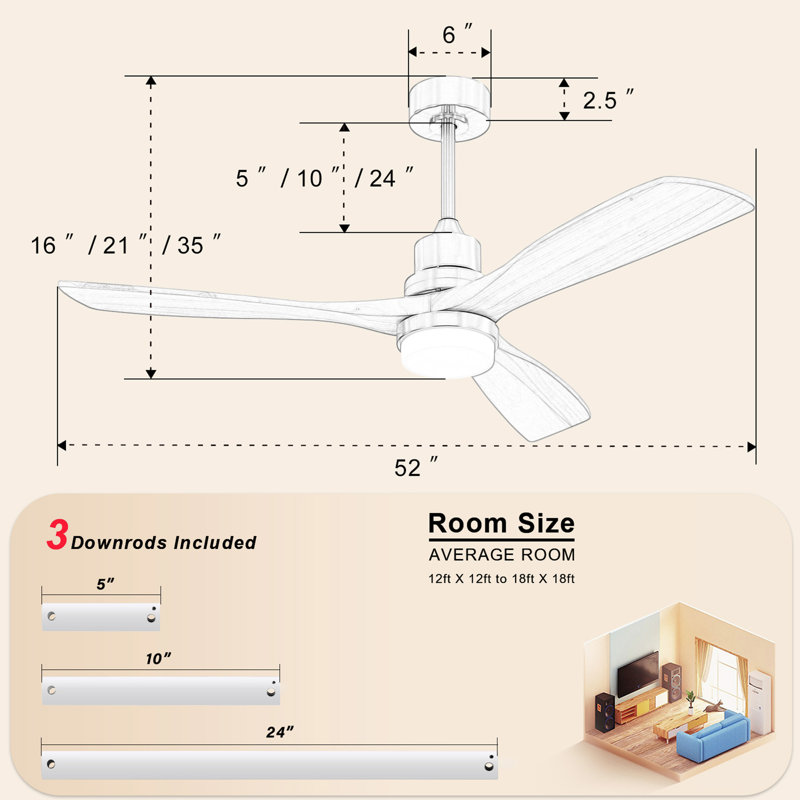 Ventilateur de plafond d'intérieur 52 pouces avec lumière à DEL à intensité variable 3 pales en bois massif, télécommande, moteur à courant continu réversible pour le salon