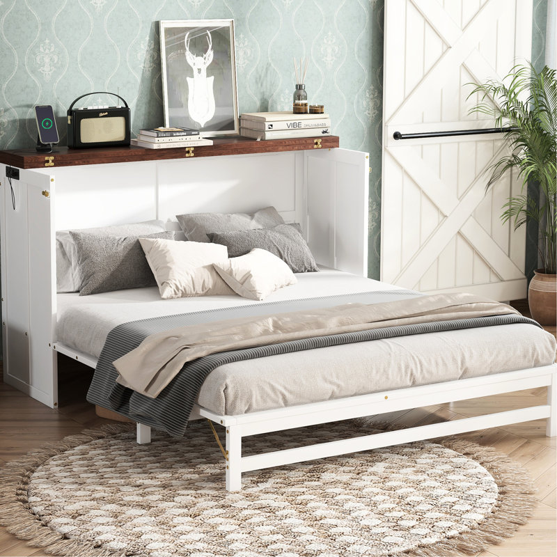 Armoire de lit grand avec rangement, rangement, blanc - noyer, pour les soirées pyjama dans les petits espaces, bureau à domicile et rangement en noyer massif