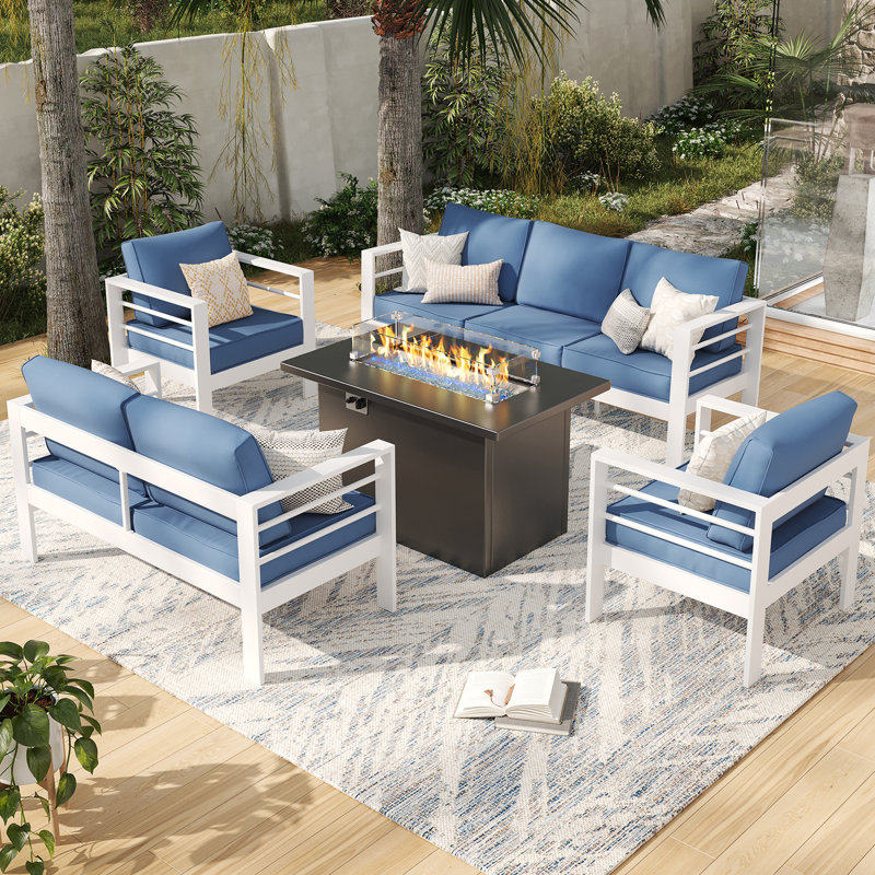 Ensemble de conversation pour 7 personnes avec coussins, Bleu / blanc
