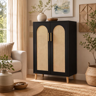 Tall Entryway Storage Cabinet In Black With Rattan Doors And Adjustable Shelves, Space-Saving Accent Sideboard For Hallway, Kitchen And Living Room