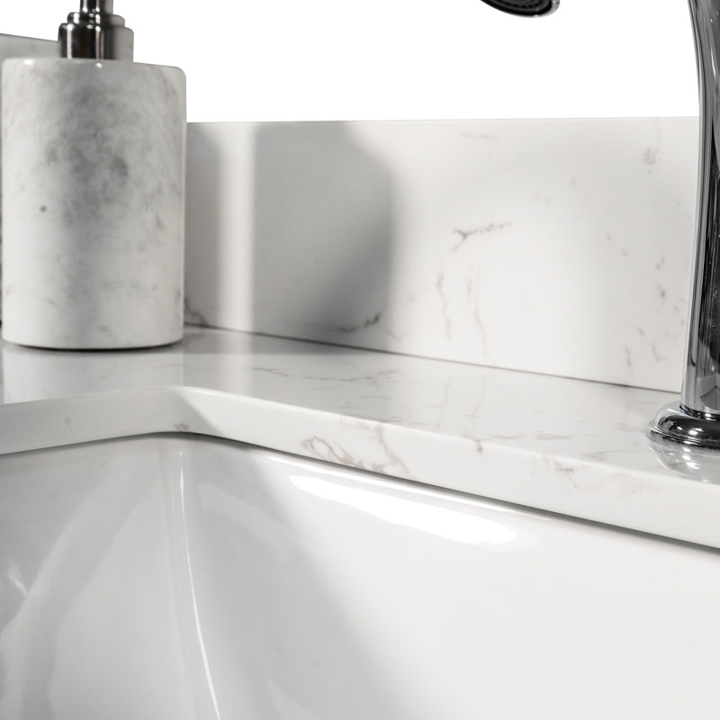 43x22 Inch White Marble Duplicate Vanity Top - Engineered Stone, Rectangular Ceramic Undermount Sink, Back Splash, Faucet Hole Oversight Imitative Undertaking