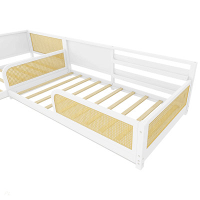 Structure de lit simple en L pour 2 enfants, lits convertibles détachables avec tableaux blancs, lit pour enfants en rotin avec étagères et lumières