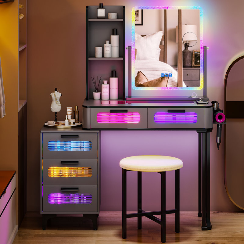 Dressing Table with Human Sensor RGB Lights, Tempered Glass Top, and Quick-Charging Station, Grey/Black