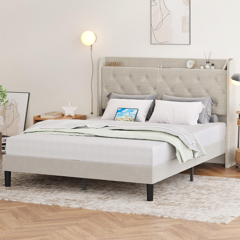 Lit plateforme tapissier à tête de lit capitonnée avec rangement à oreilles, Double
