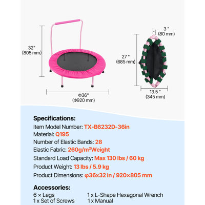 36" Kids Trampoline, 3FT Indoor Outdoor Trampoline, Birthday Gift for 3+ Years Children, Foldable Mini Trampoline with Handle, Rebounder Trampoline for Toddlers, Boys Girls for Fun, Pink