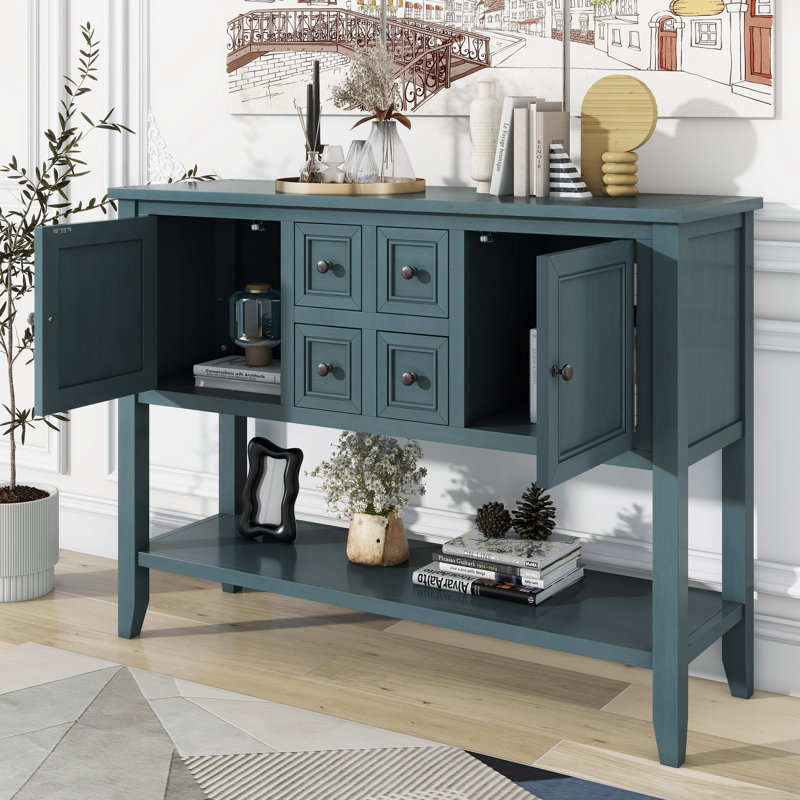 Cambridge Series  Ample Storage Vintage Console Table With Four Small Drawers And Bottom Shelf For Living Rooms, Dark Blue